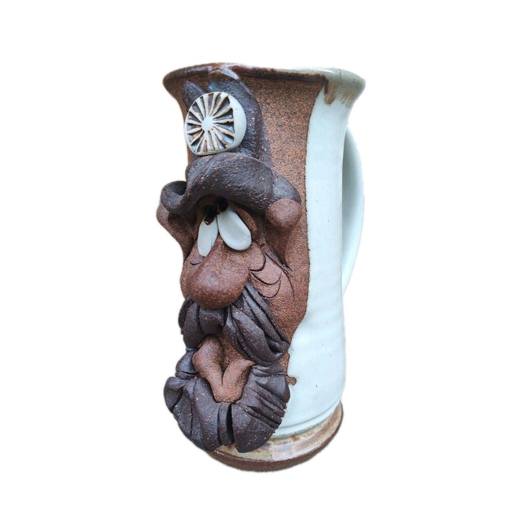 Mahon Made Stoneware MMS Ugly Funny Face Pitcher Mustache Man Pottery